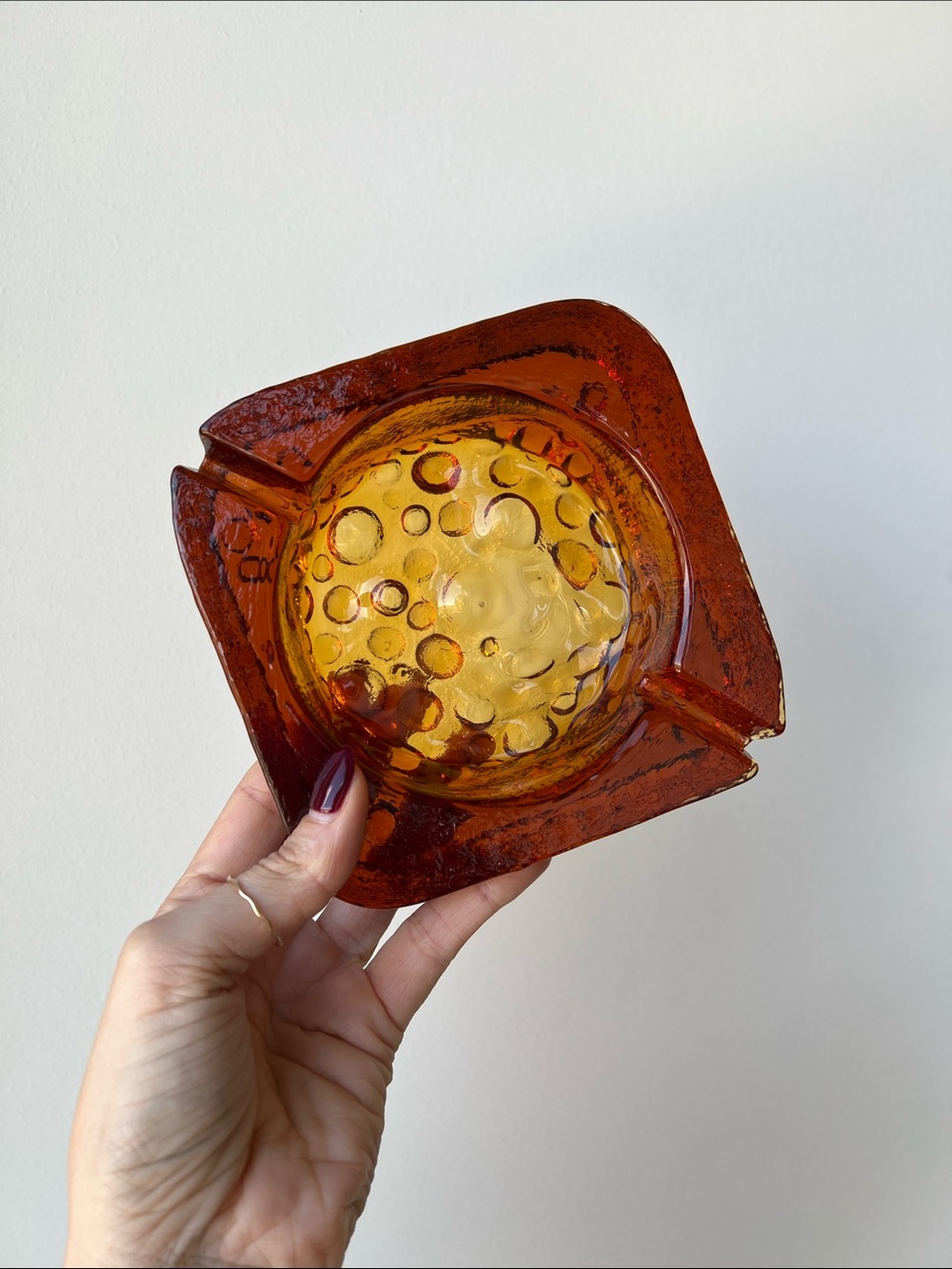 Vintage MCM Orange Amber Glass Ashtray Dish Decor